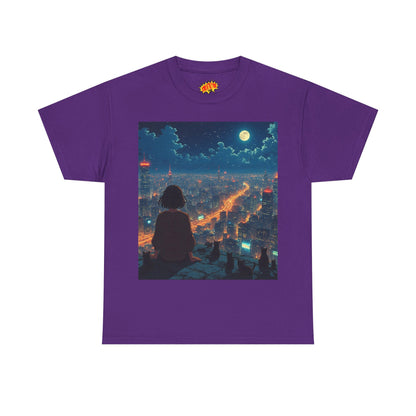 Neon City Anime Night Scene w/Girl & Cats T-Shirt