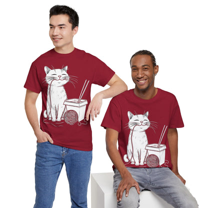 Happy Cat w/Noodles + Yarn Ball Art Drawing Tee Shirt
