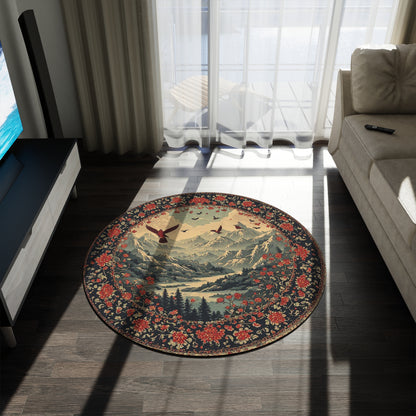 Oriental Style w/Birds + Flowers Rug - 60in Diameter Round Carpet