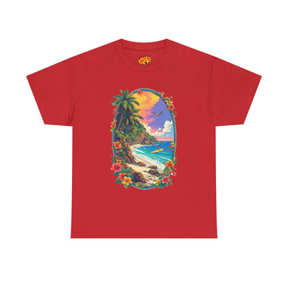 Tropical Beach Scene w/Oval Floral Frame T-Shirt