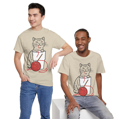 Cat w/Noodle Cup + Yarn Ball Art Drawing Tee Shirt