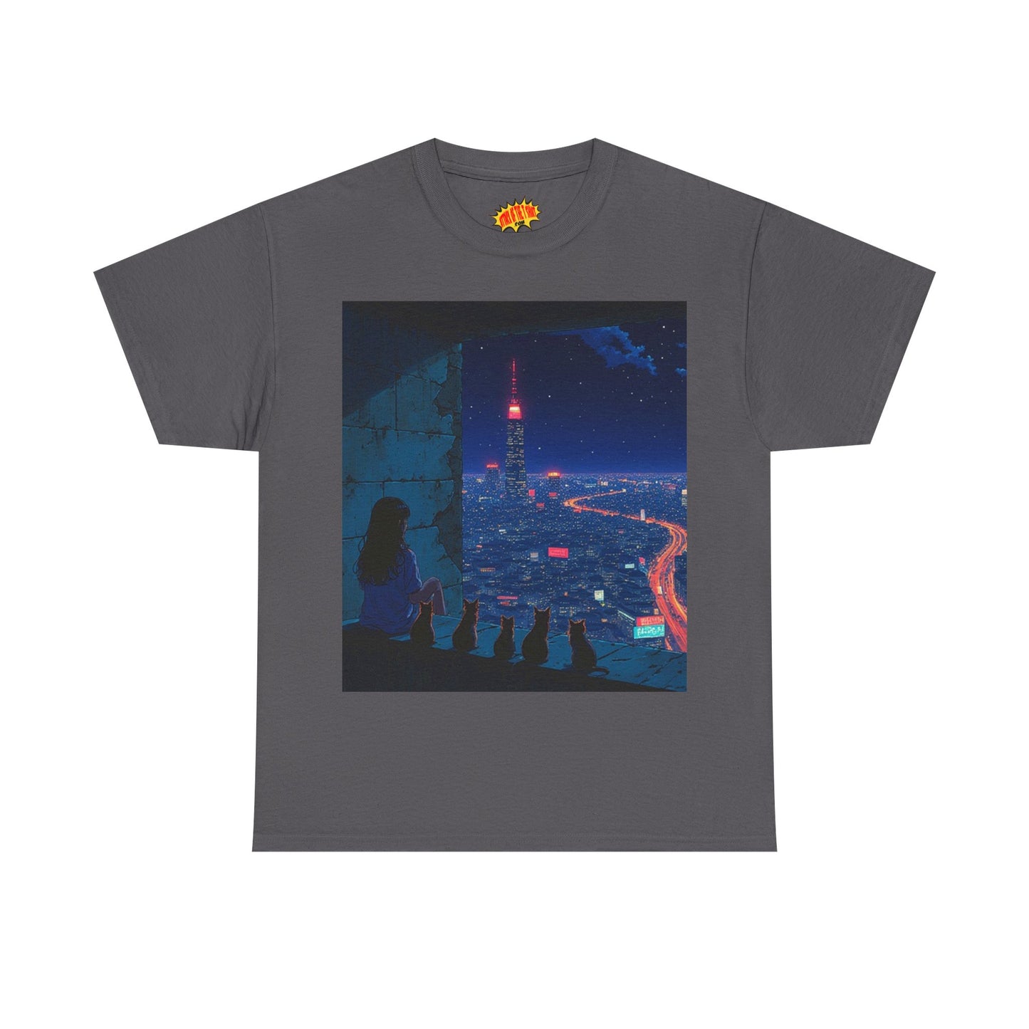 Anime Cityscape Night Scene w/Girl & Cats T-Shirt *Multiple Colors*