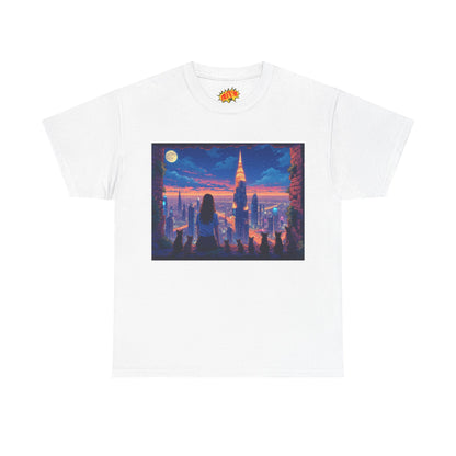 Anime Neon City Full Moon Scene w/Girl & Cats T-Shirt