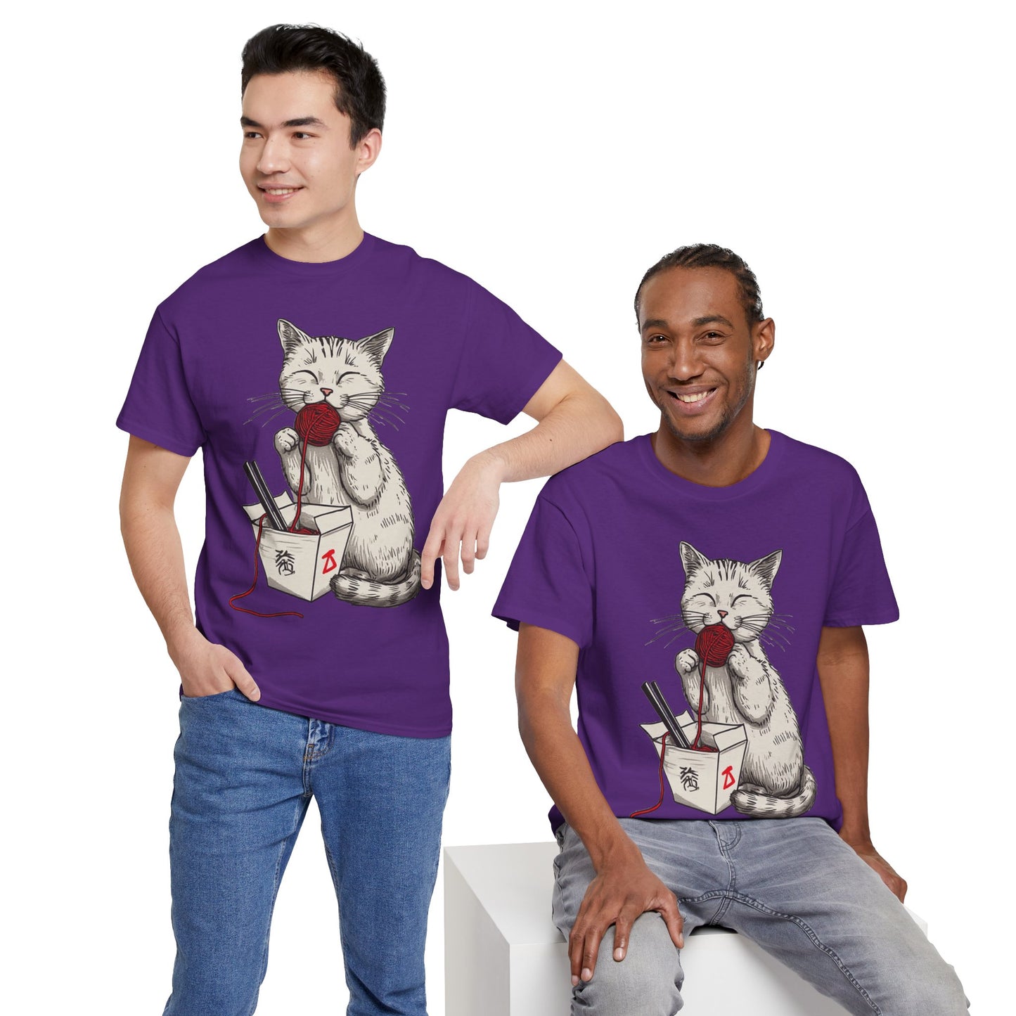 Cat w/Takeout Yarn Noodles Art Tee Shirt *Multiple Colors*