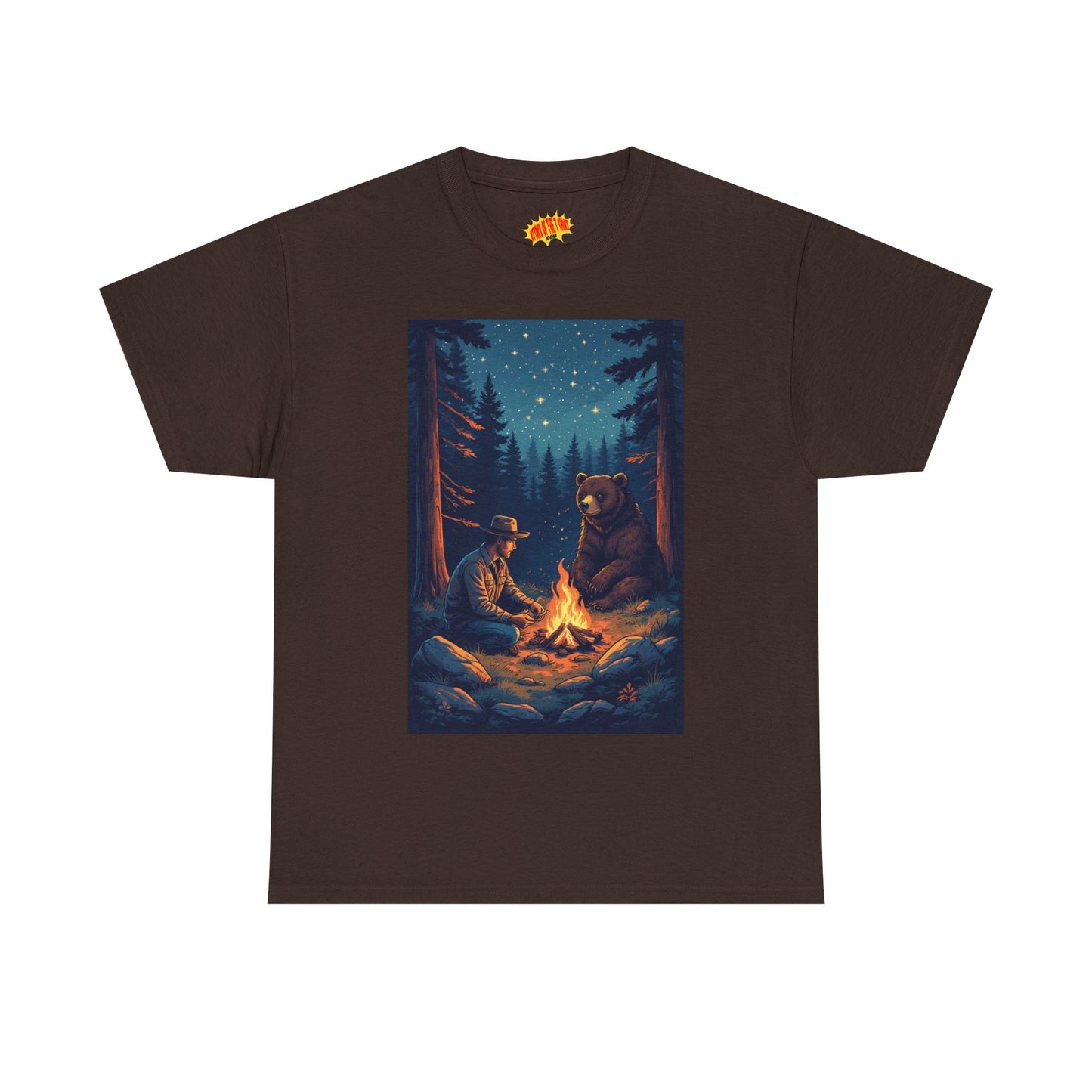 Cowboy w/ Brown Bear Campfire Scene T-Shirt *Multiple Colors*