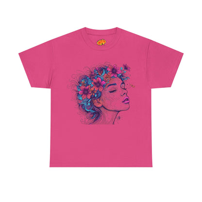 Multicolor Line Drawing Human Flower Graphic Art Tee Shirt