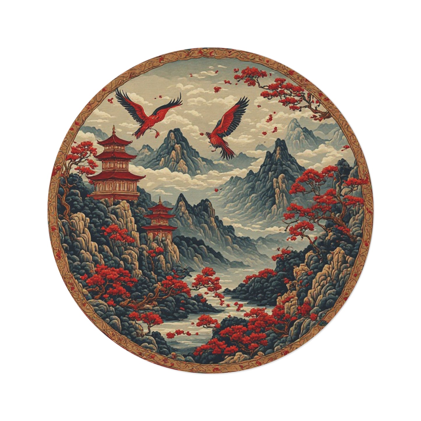 Oriental Style Rug w/Birds + Flowers - 60in Diameter Round Carpet 7