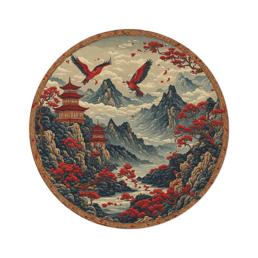 Oriental Style Rug w/Birds + Flowers - 60in Diameter Round Carpet 7