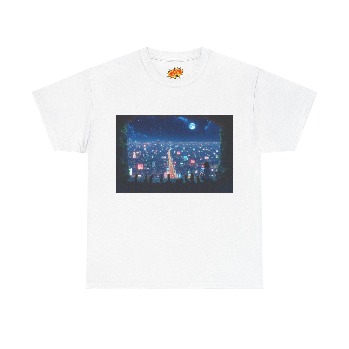 Anime City Neon Night Scene w/Girl & Cats T-Shirt *Multiple Colors*