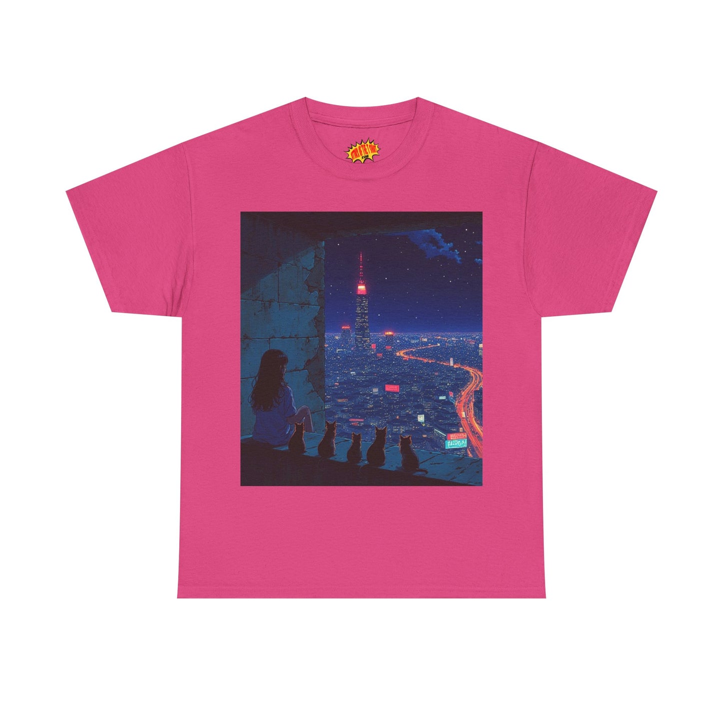 Anime Cityscape Night Scene w/Girl & Cats T-Shirt *Multiple Colors*