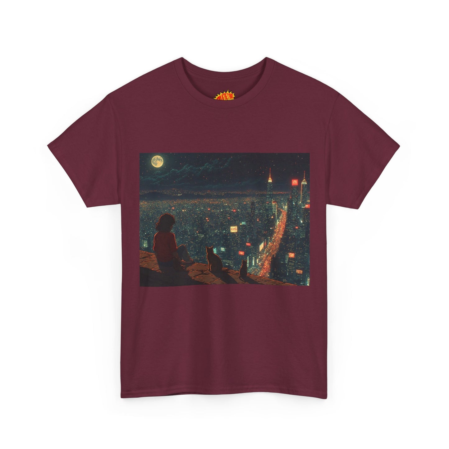 Anime Nighttime Cityscape w/Cats T-Shirt *Multiple Colors*