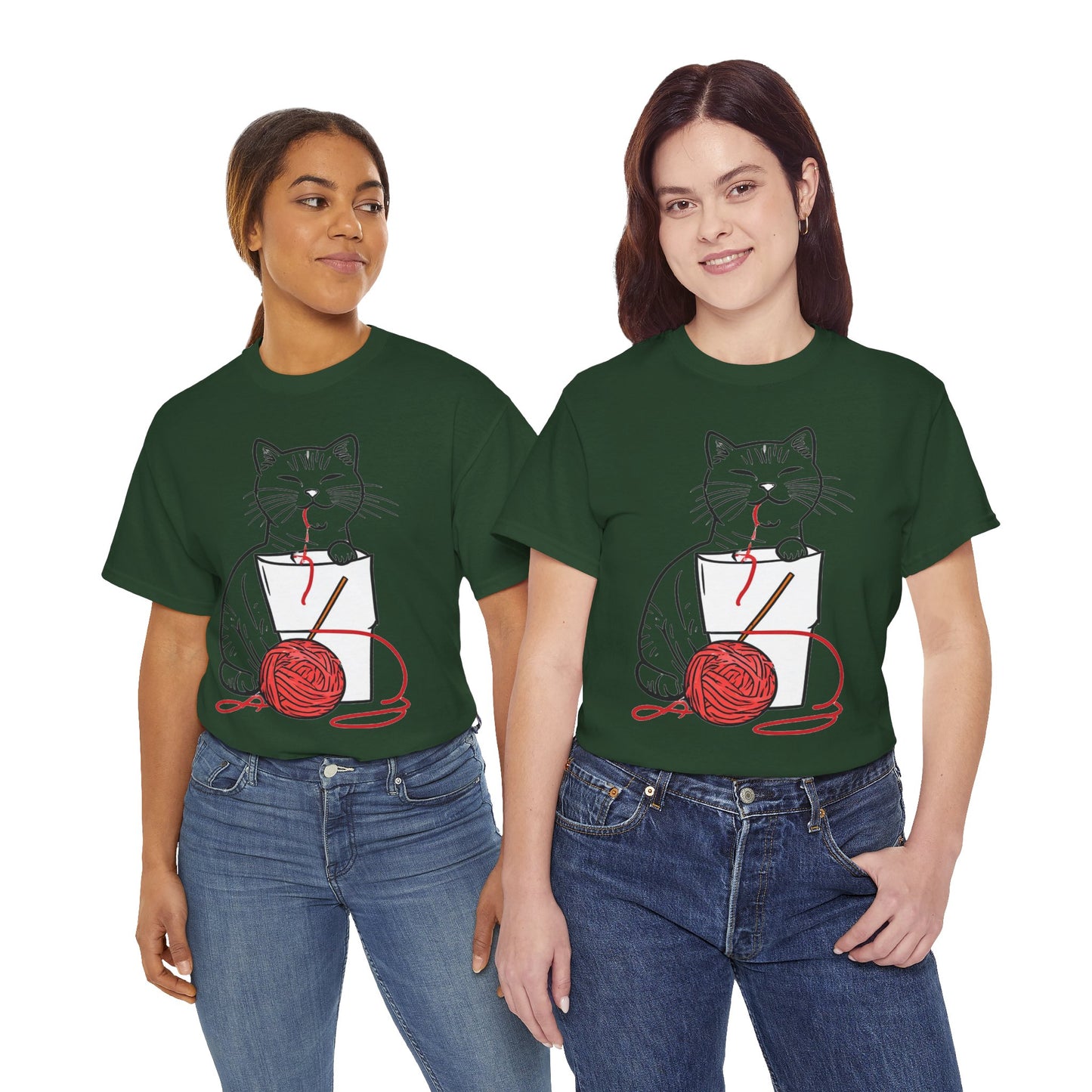 Cat w/Noodle Cup + Yarn Ball Art Drawing Tee Shirt *Multiple Colors*