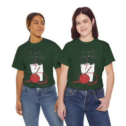 Cat w/Noodle Cup + Yarn Ball Art Drawing Tee Shirt