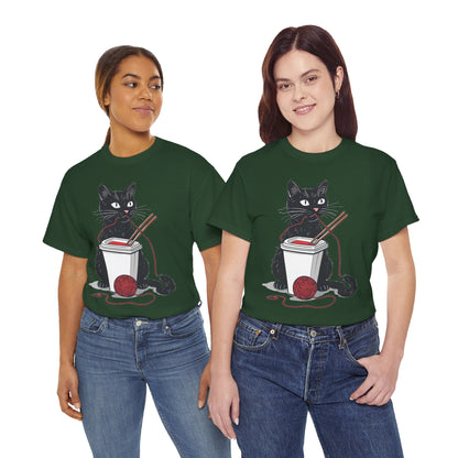 Black Cat w/Noodles + Yarn Ball Art Drawing Tee Shirt
