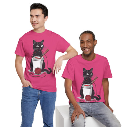 Black Cat w/Noodles + Yarn Ball Art Drawing Tee Shirt