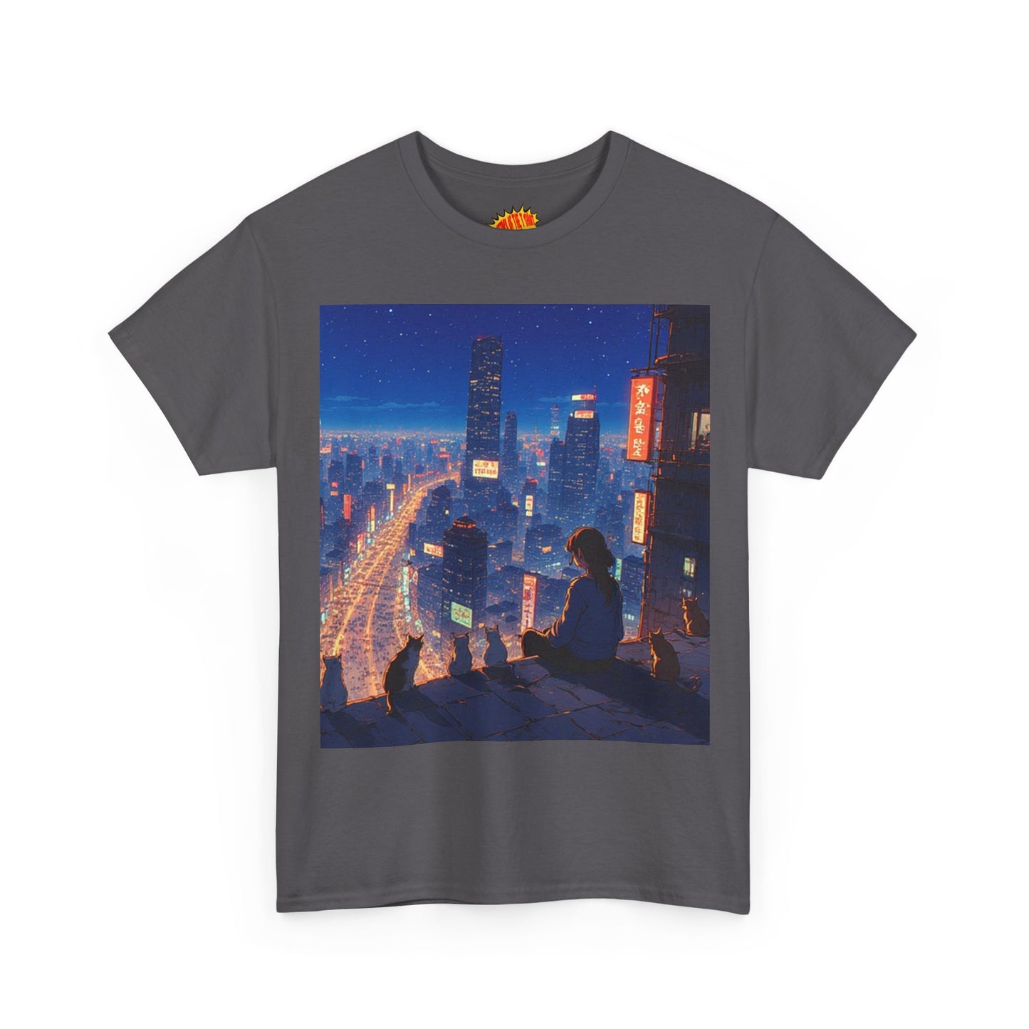 Neon Anime City Night Scene w/Girl & Cats T-Shirt *Multiple Colors*