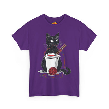 Black Cat w/Noodles + Yarn Ball Art Drawing Tee Shirt