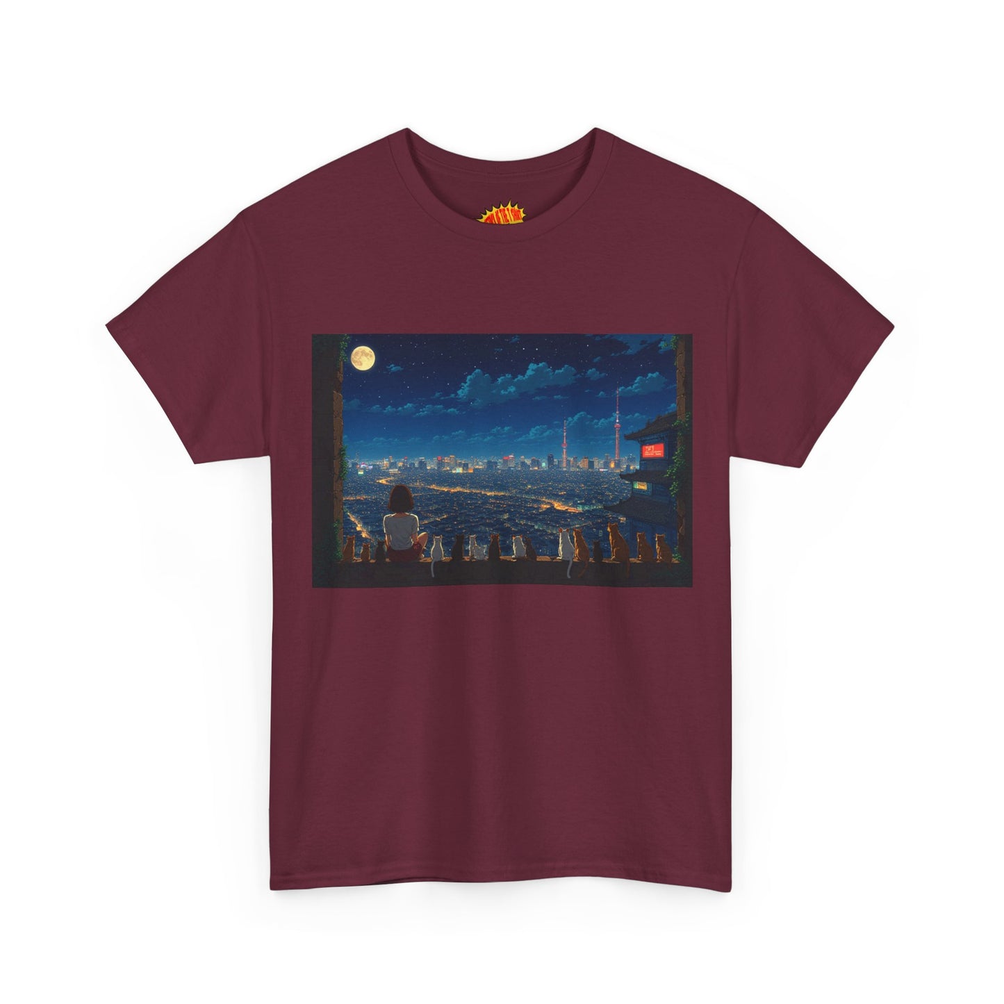 Anime City Night Sky Scene w/Girl & Cats T-Shirt *Multiple Colors*