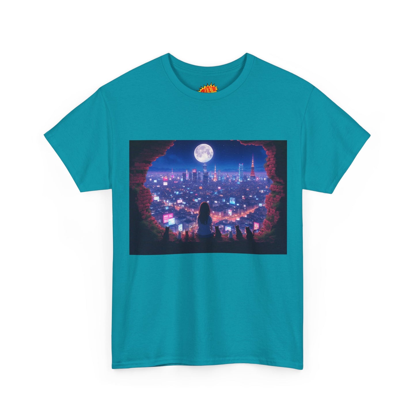 Neon Anime City Night Scene w/Girl & Cats T-Shirt *Multiple Colors*