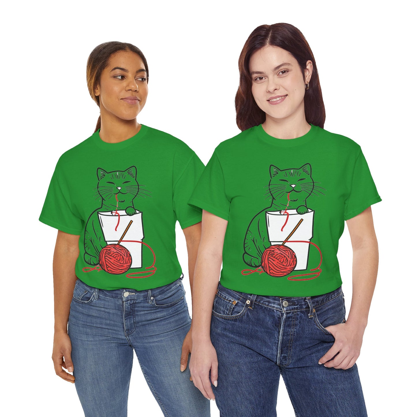Cat w/Noodle Cup + Yarn Ball Art Drawing Tee Shirt *Multiple Colors*