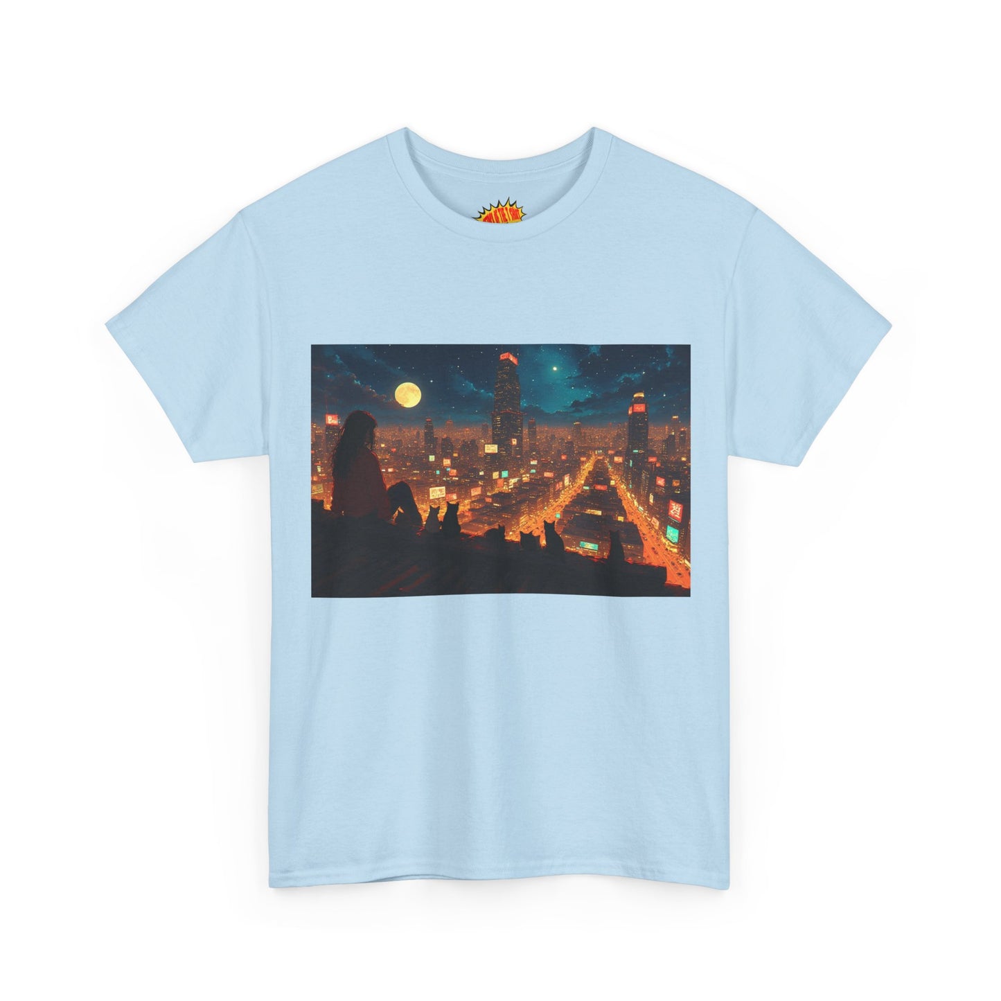 Anime Style Neon City Scene w/Girl & Cats T-Shirt *Multiple Colors*