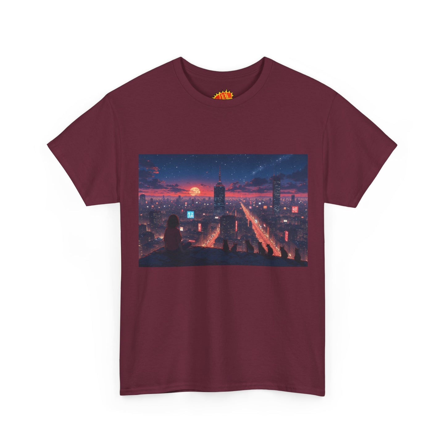 Anime Style City Sunset Scene w/Girl & Cats T-Shirt *Multiple Colors*