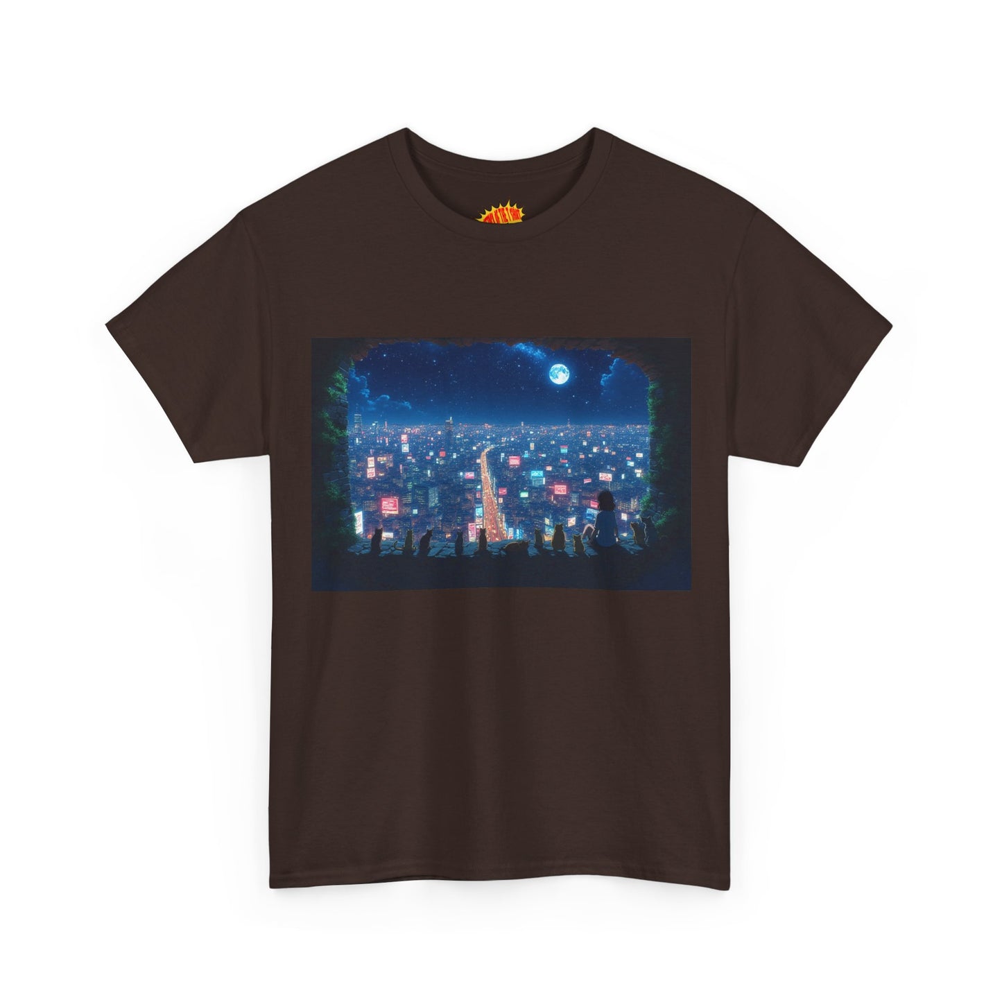 Anime City Neon Night Scene w/Girl & Cats T-Shirt *Multiple Colors*