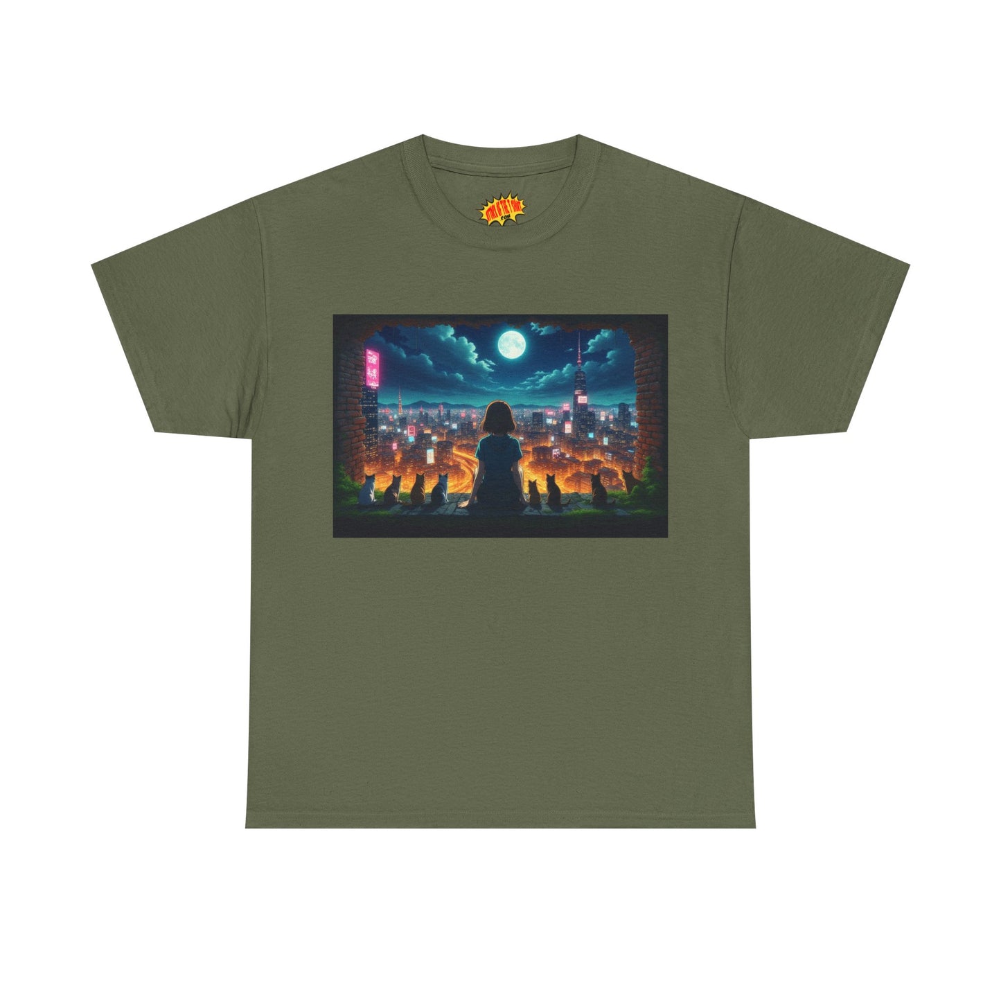 Anime Neon City Night Scene w/Girl & Cats T-Shirt *Multiple Colors*