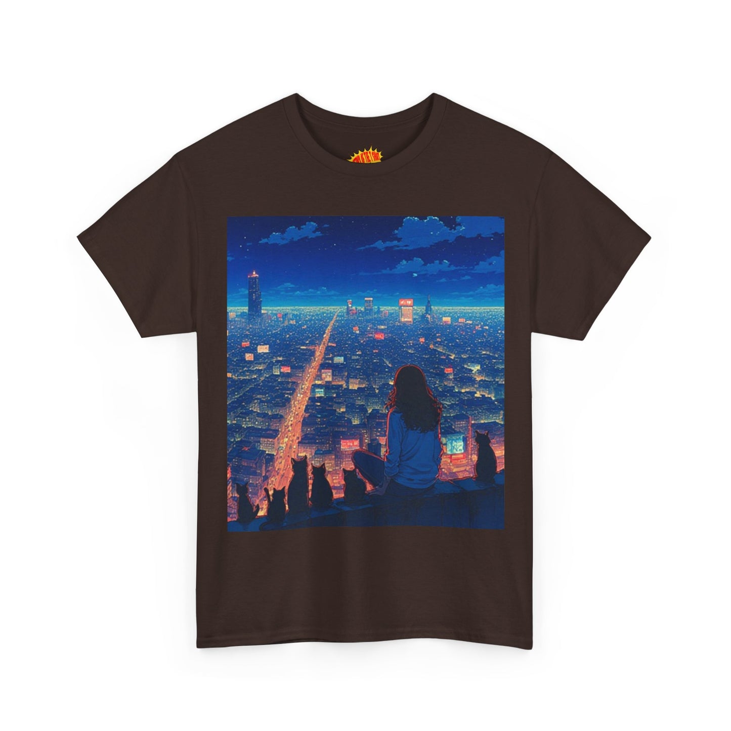 Anime Cityscape Night Sky Scene w/Girl & Cats T-Shirt *Multiple Colors*