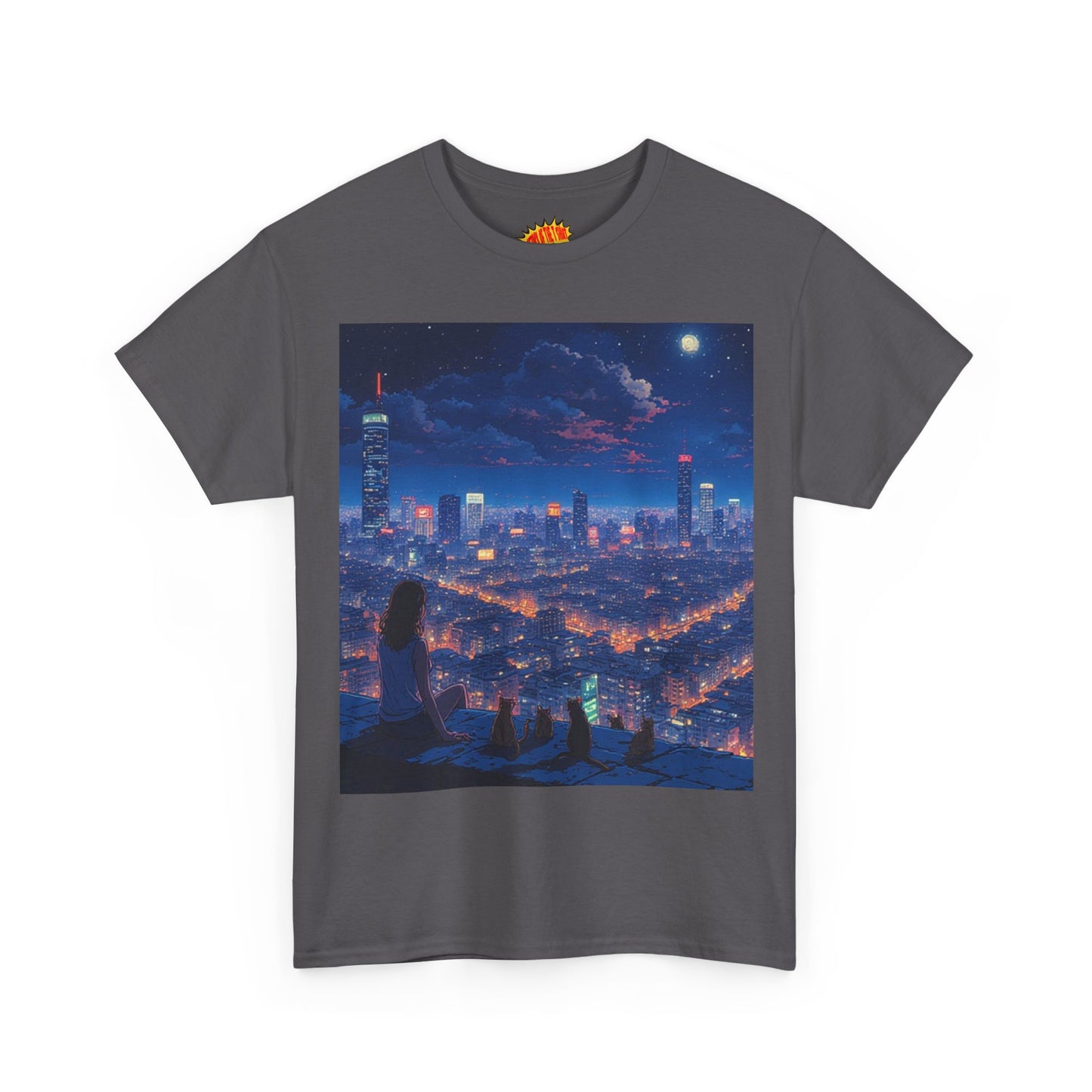 Neon Anime Cityscape Scene w/Girl & Cats T-Shirt *Multiple Colors*