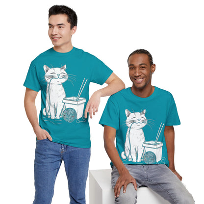 Happy Cat w/Noodles + Yarn Ball Art Drawing Tee Shirt