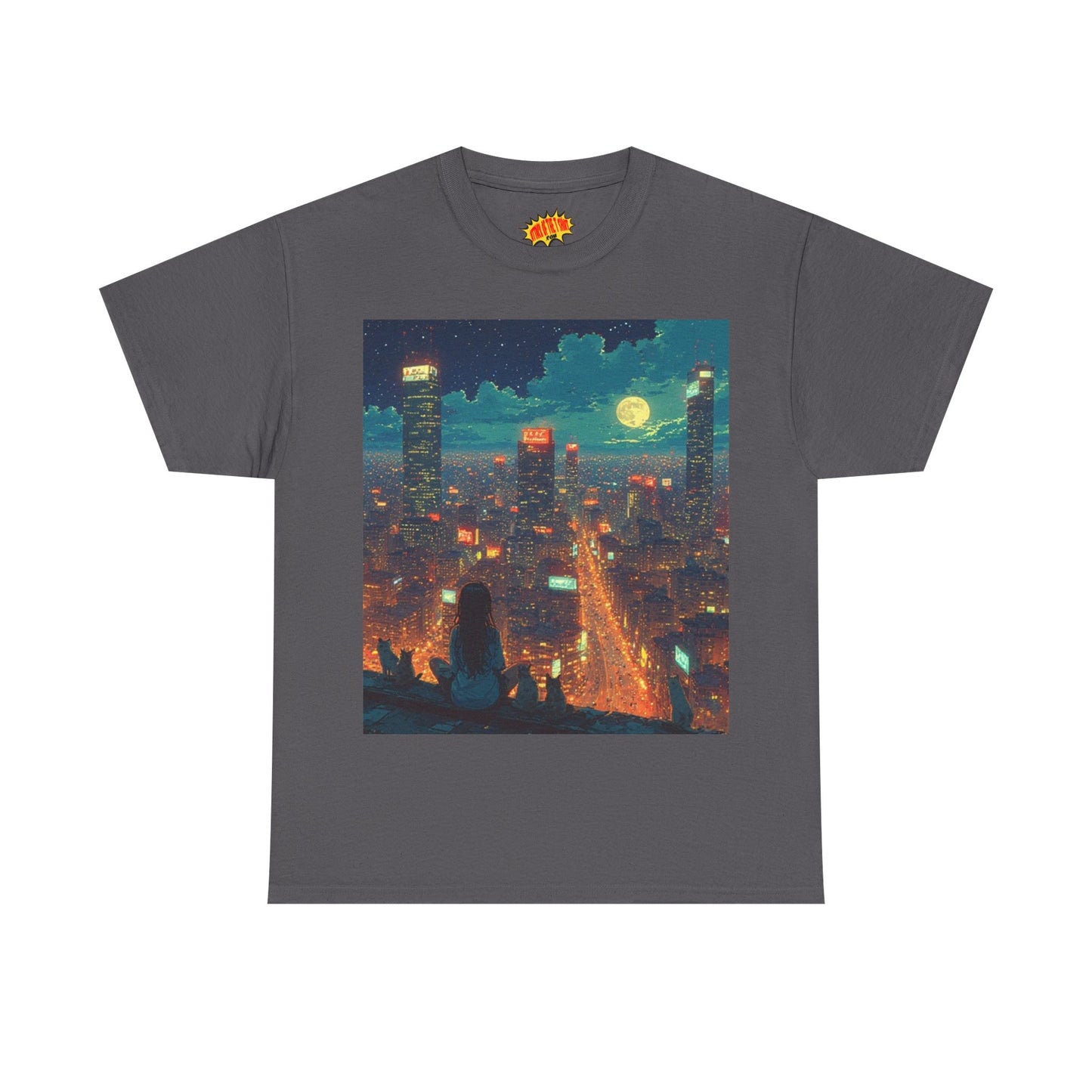 Nighttime Neon Anime Cityscape w/Girl & Cats T-Shirt *Multiple Colors*