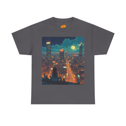 Nighttime Neon Anime Cityscape w/Girl & Cats T-Shirt