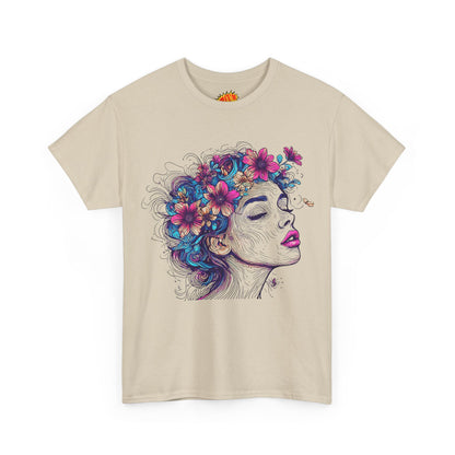 Multicolor Line Drawing Human Flower Graphic Art Tee Shirt