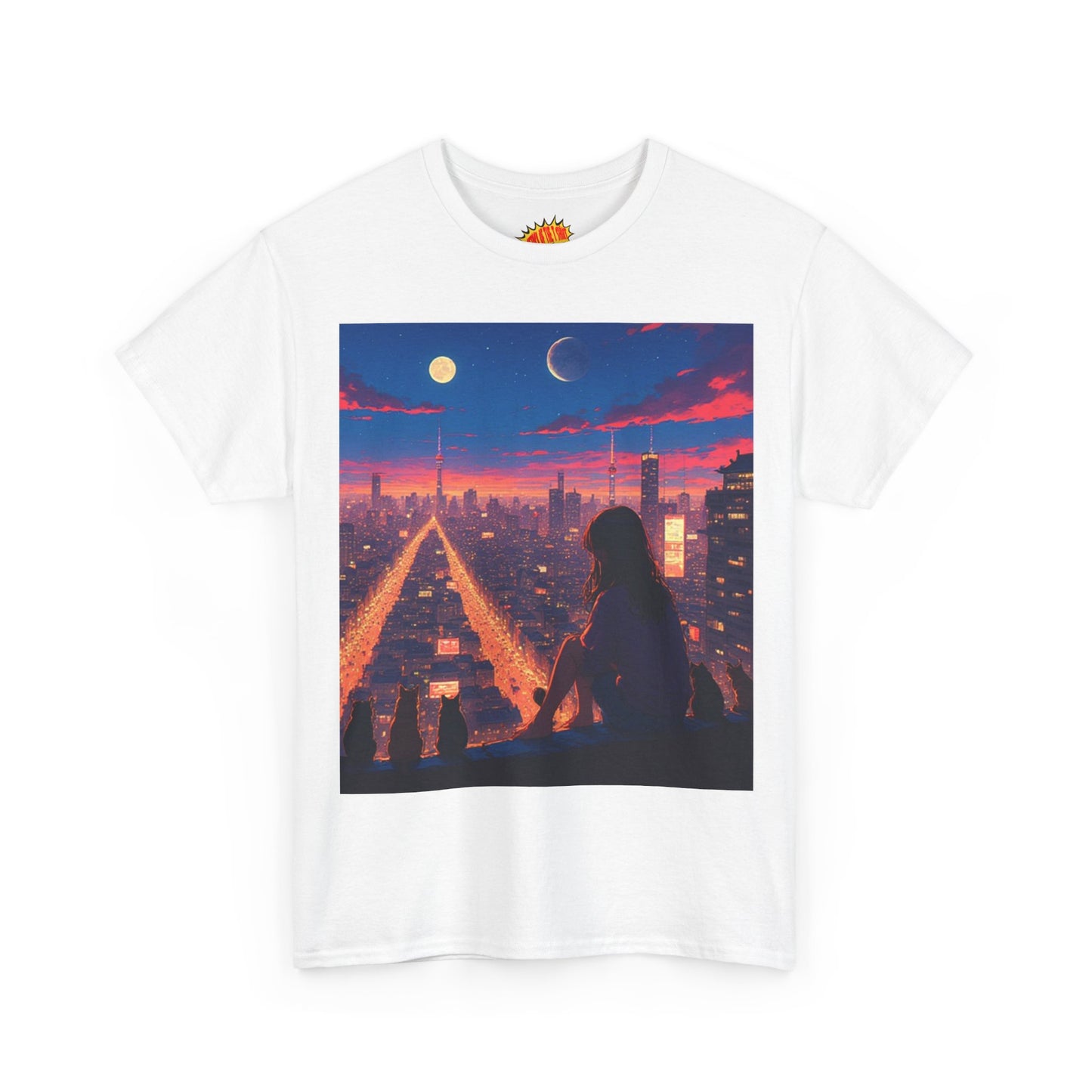Anime City Twin Moon Scene w/Cats T-Shirt *Multiple Colors*