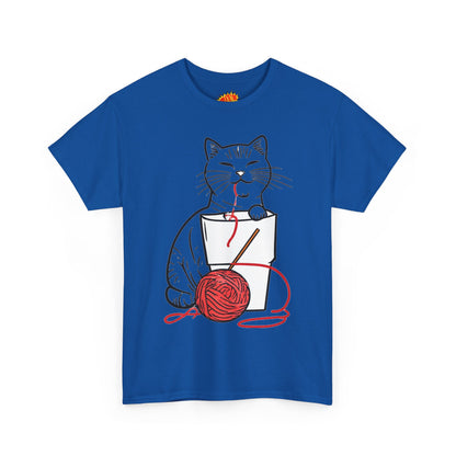 Cat w/Noodle Cup + Yarn Ball Art Drawing Tee Shirt