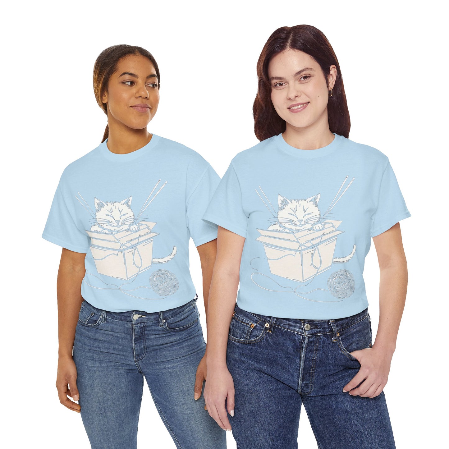 Cat w/Box + Yarn Ball Art Drawing Tee Shirt *Multiple Colors*