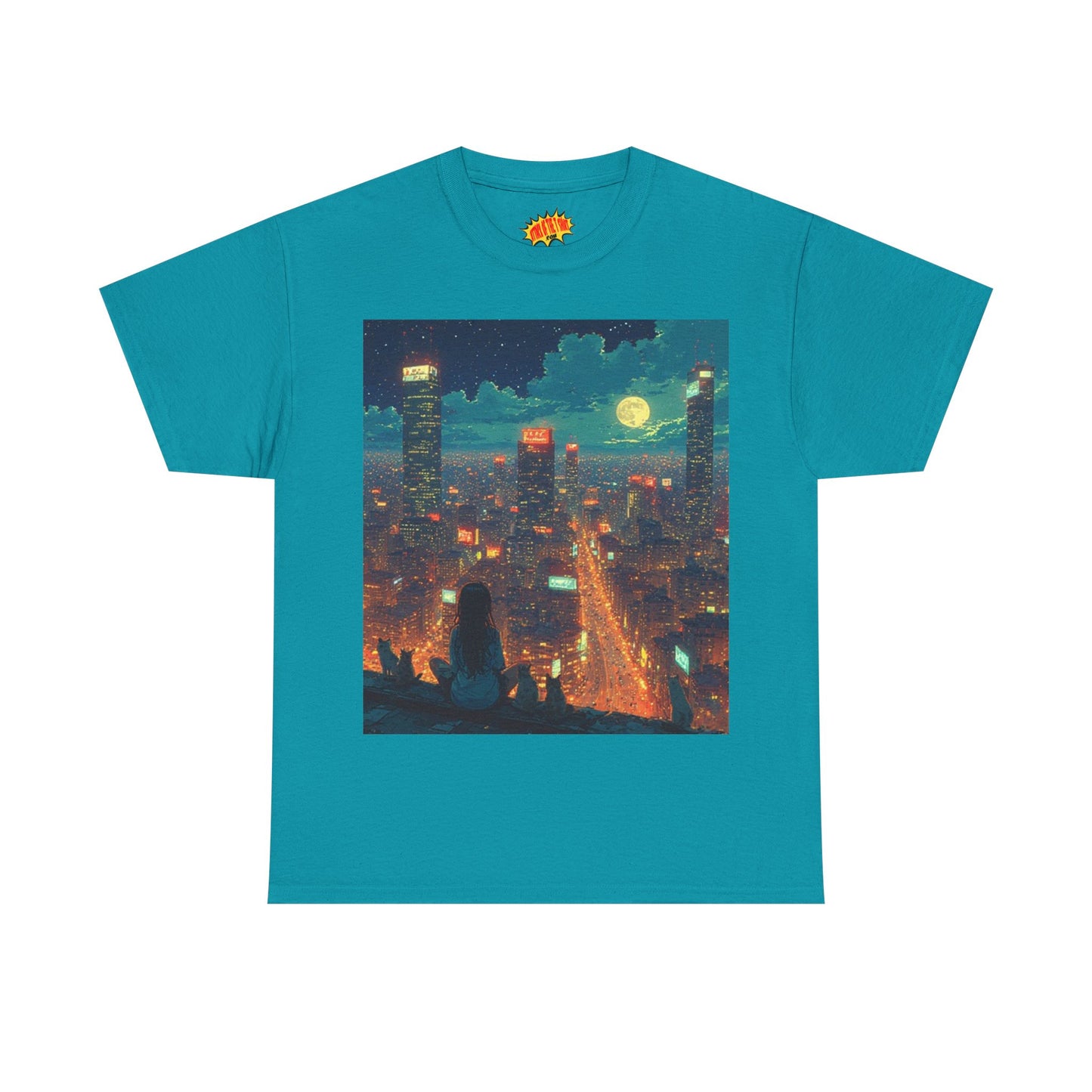 Nighttime Neon Anime Cityscape w/Girl & Cats T-Shirt *Multiple Colors*