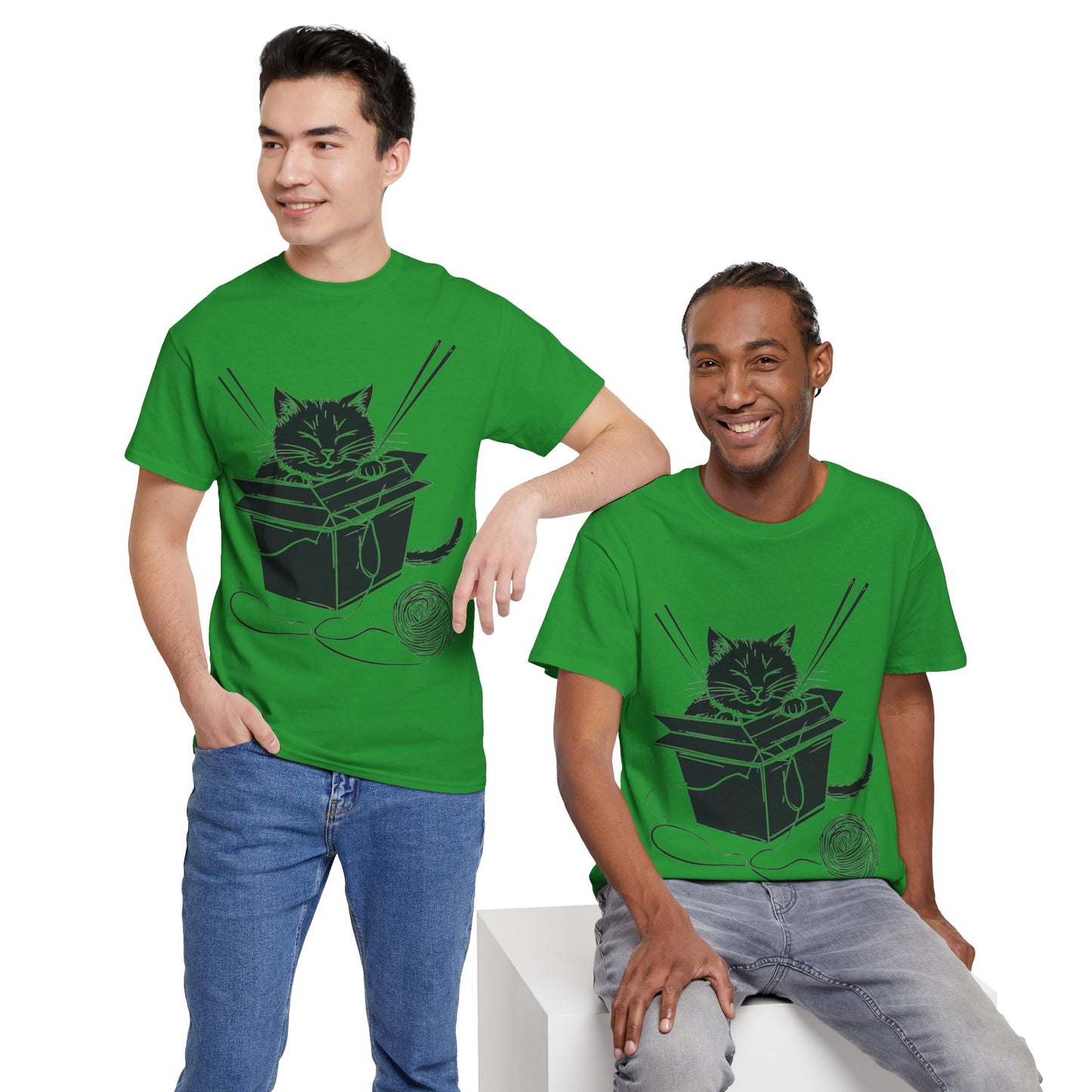 Black Cat w/Box + Yarn Ball Art Drawing Tee Shirt *Multiple Colors*