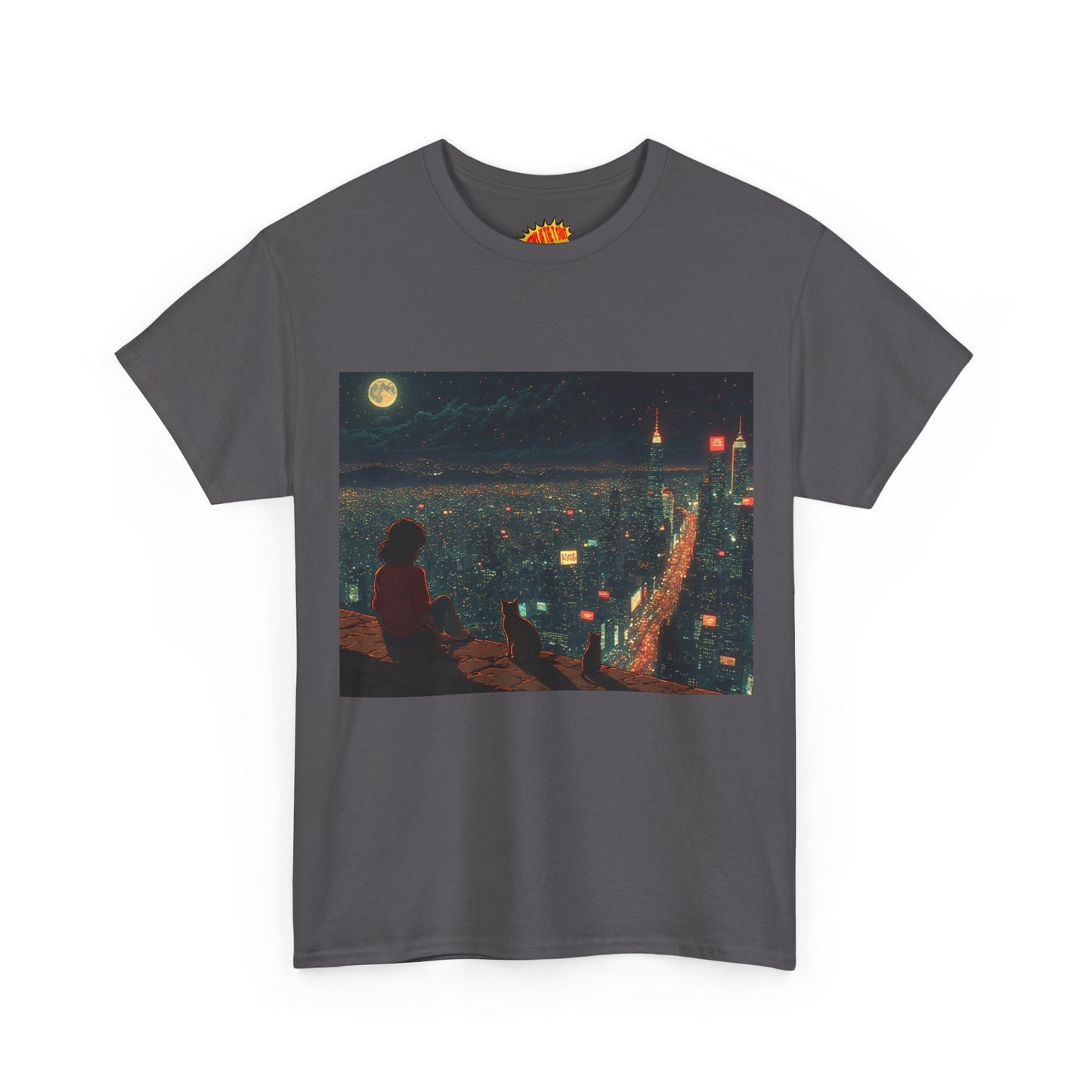 Anime Nighttime Cityscape w/Cats T-Shirt *Multiple Colors*