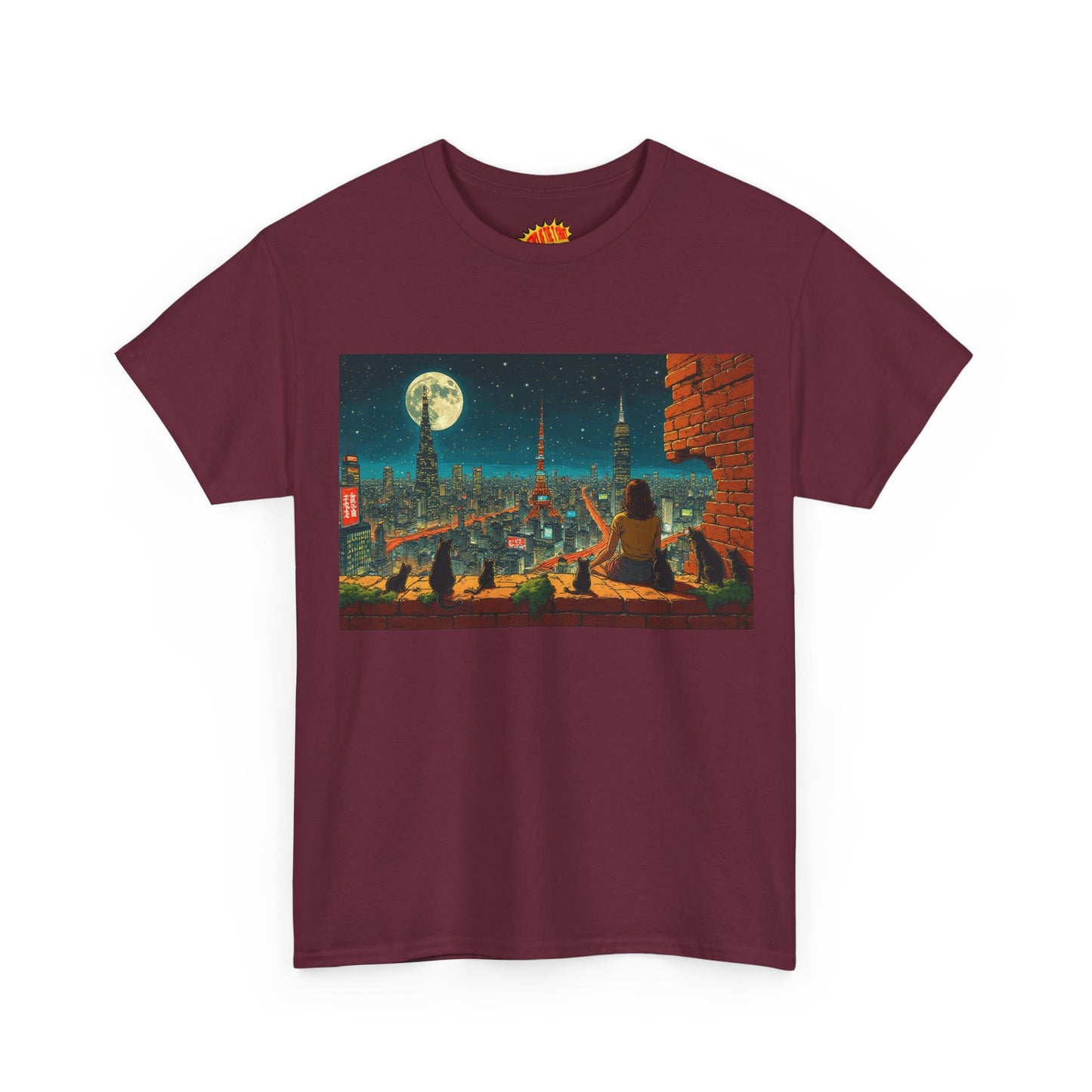Anime Cityscape Full Moon Scene w/Girl & Cats T-Shirt *Multiple Colors*