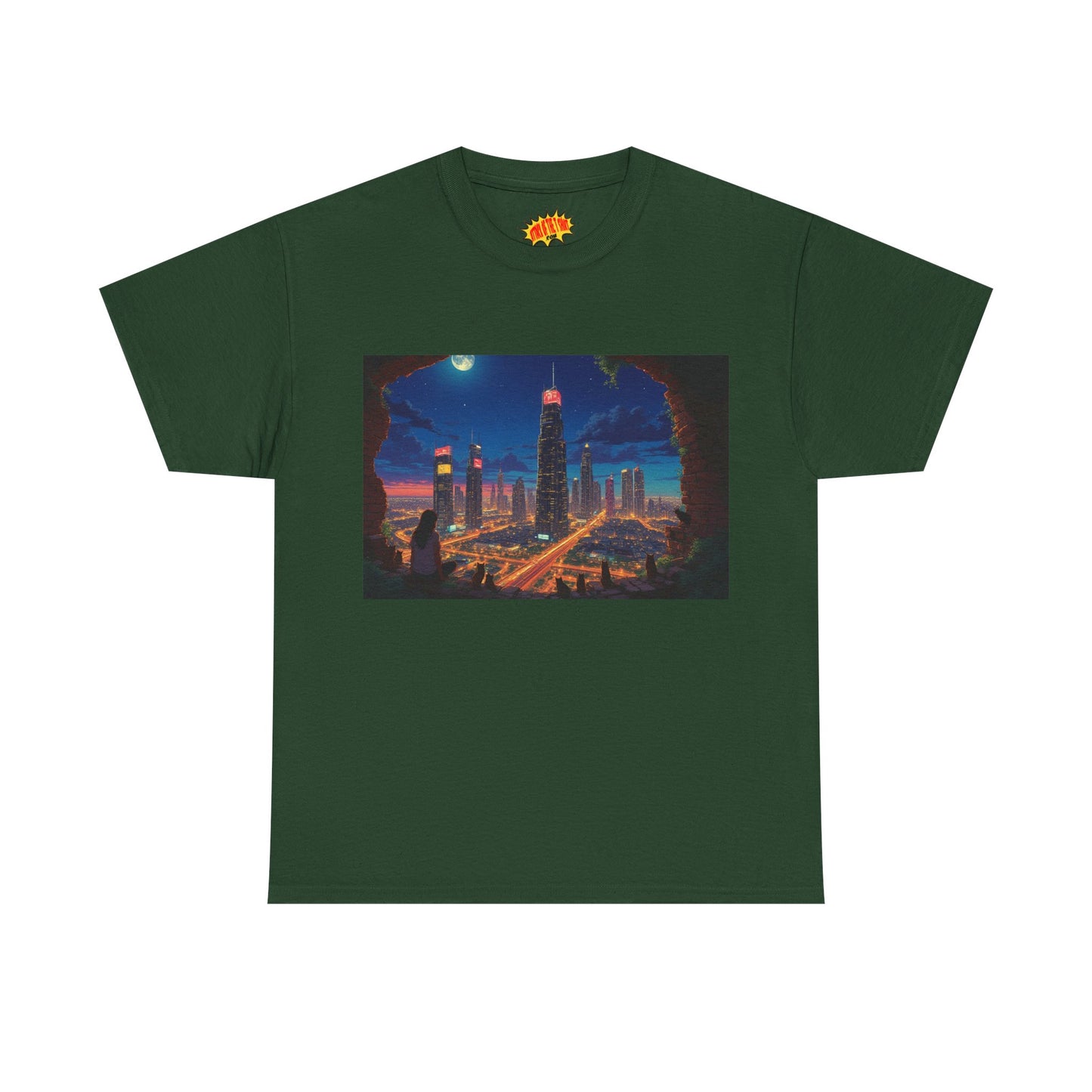 Anime Cityscape Night Scene w/Girl & Cats T-Shirt *Multiple Colors*