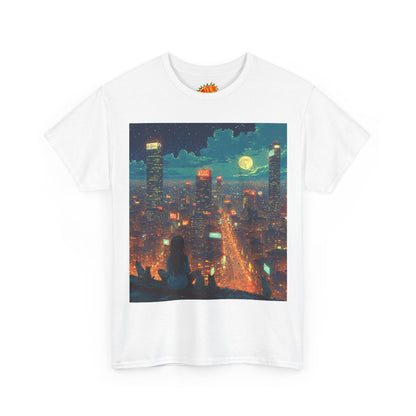 Nighttime Neon Anime Cityscape w/Girl & Cats T-Shirt