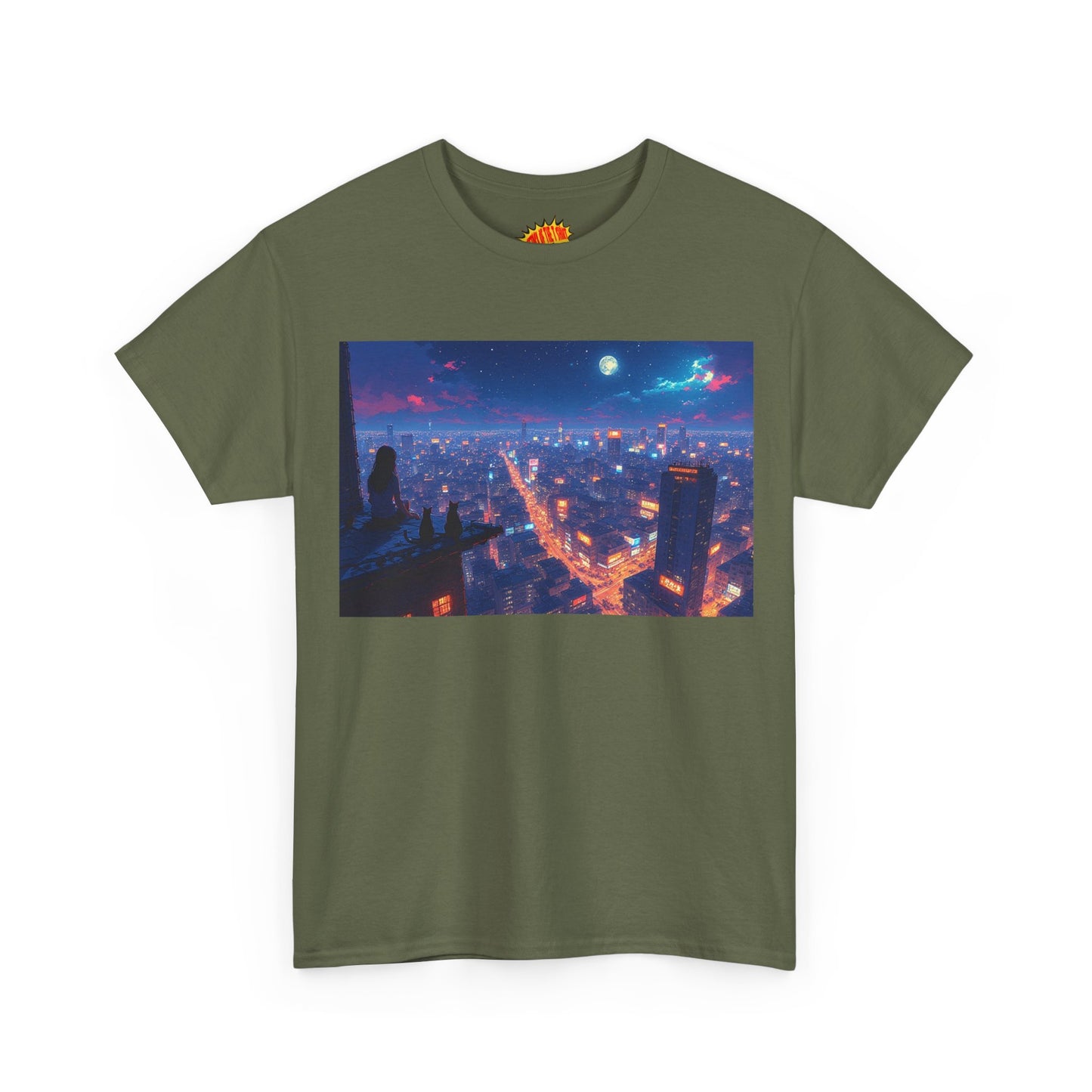 Nighttime Neon Anime Cityscape w/Cats T-Shirt *Multiple Colors*