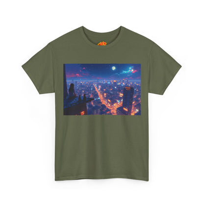 Nighttime Neon Anime Cityscape w/Cats T-Shirt