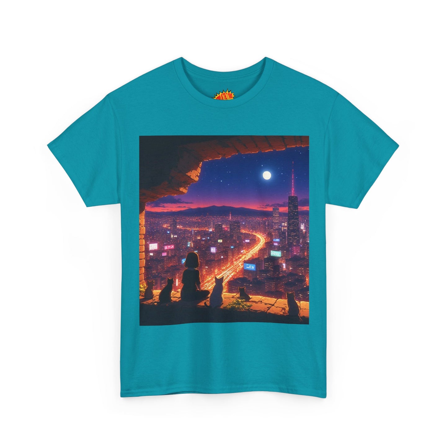 Anime Neon Cityscape Full Moon Scene w/Girl & Cats T-Shirt *Multiple Colors*