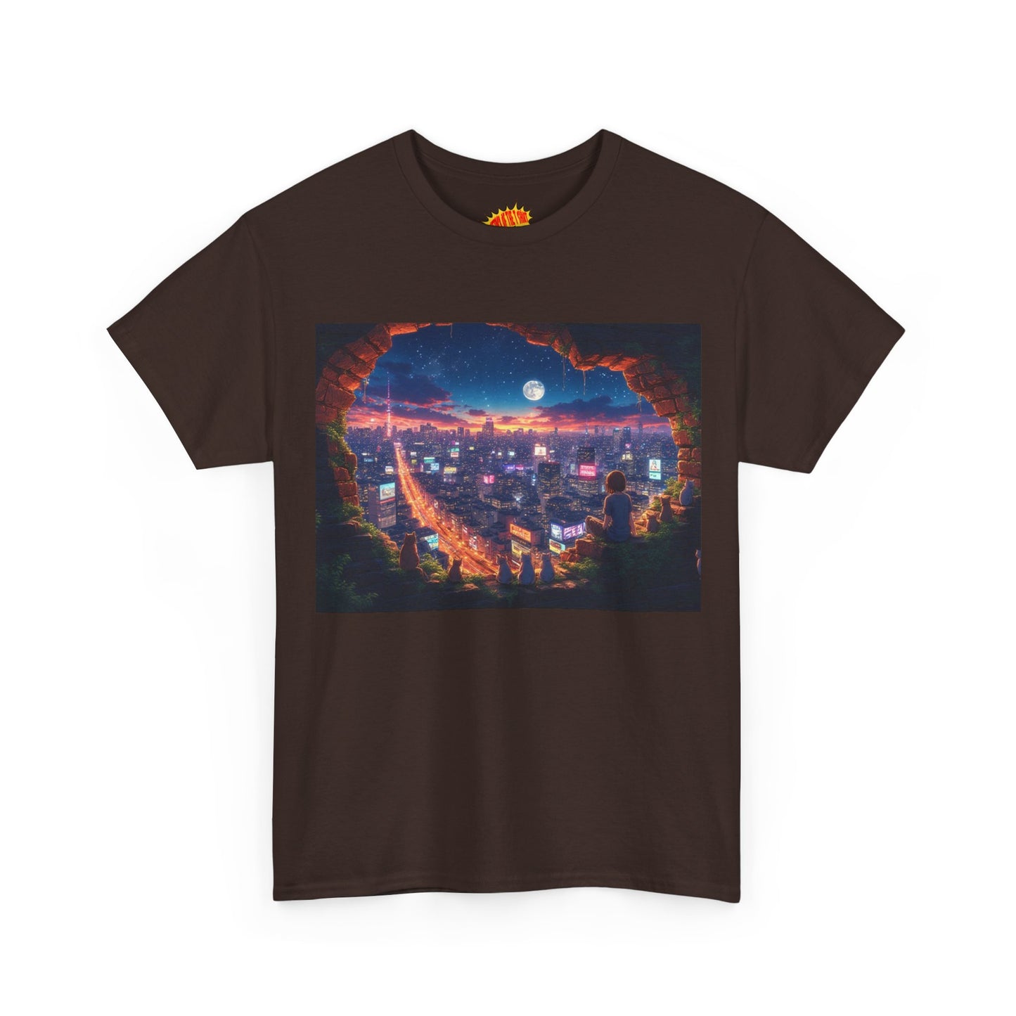 Anime Neon City Nighttime Scene w/Girl & Cats T-Shirt *Multiple Colors*