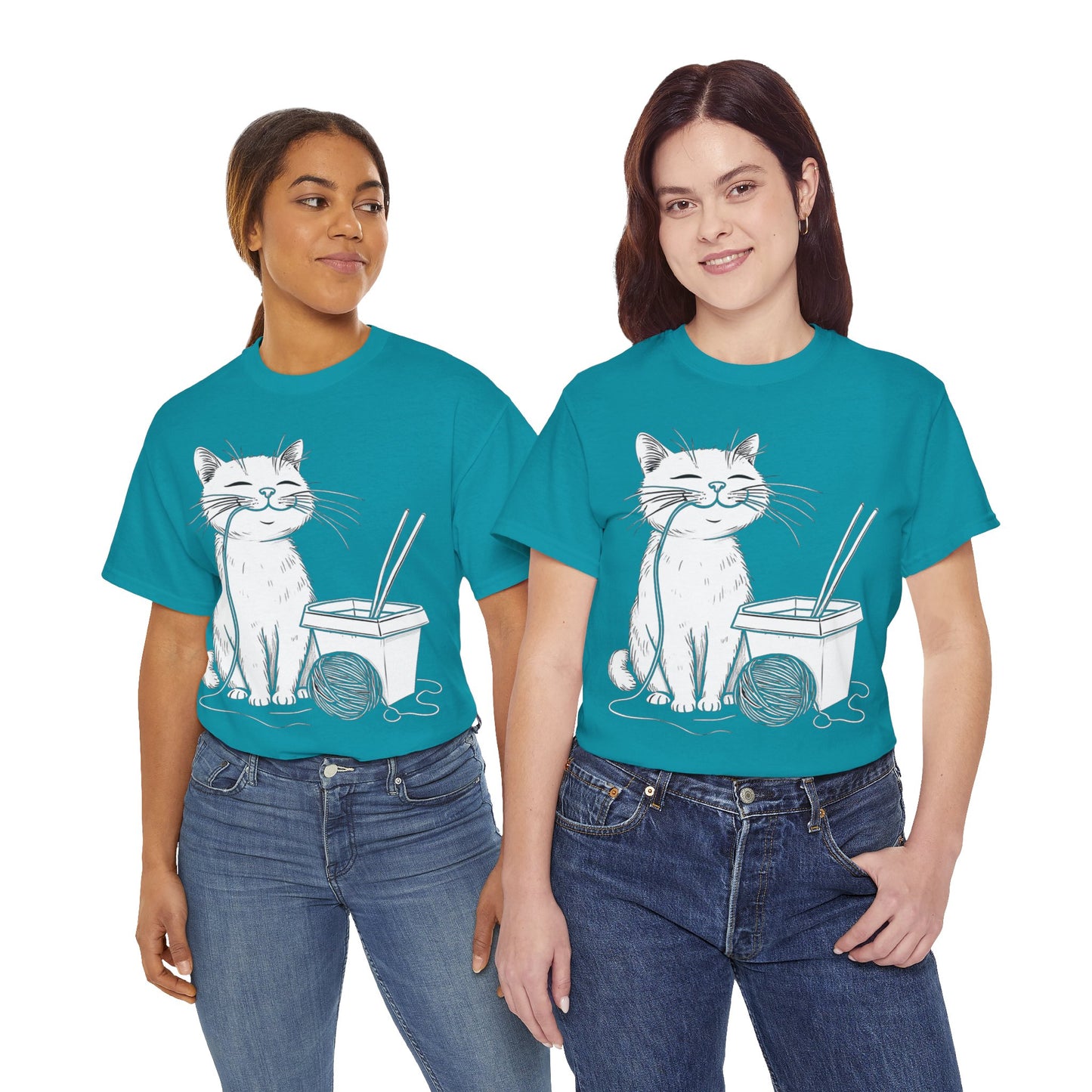 Happy Cat w/Noodles + Yarn Ball Art Drawing Tee Shirt *Multiple Colors*