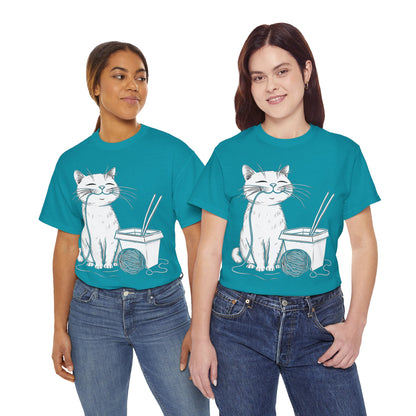 Happy Cat w/Noodles + Yarn Ball Art Drawing Tee Shirt