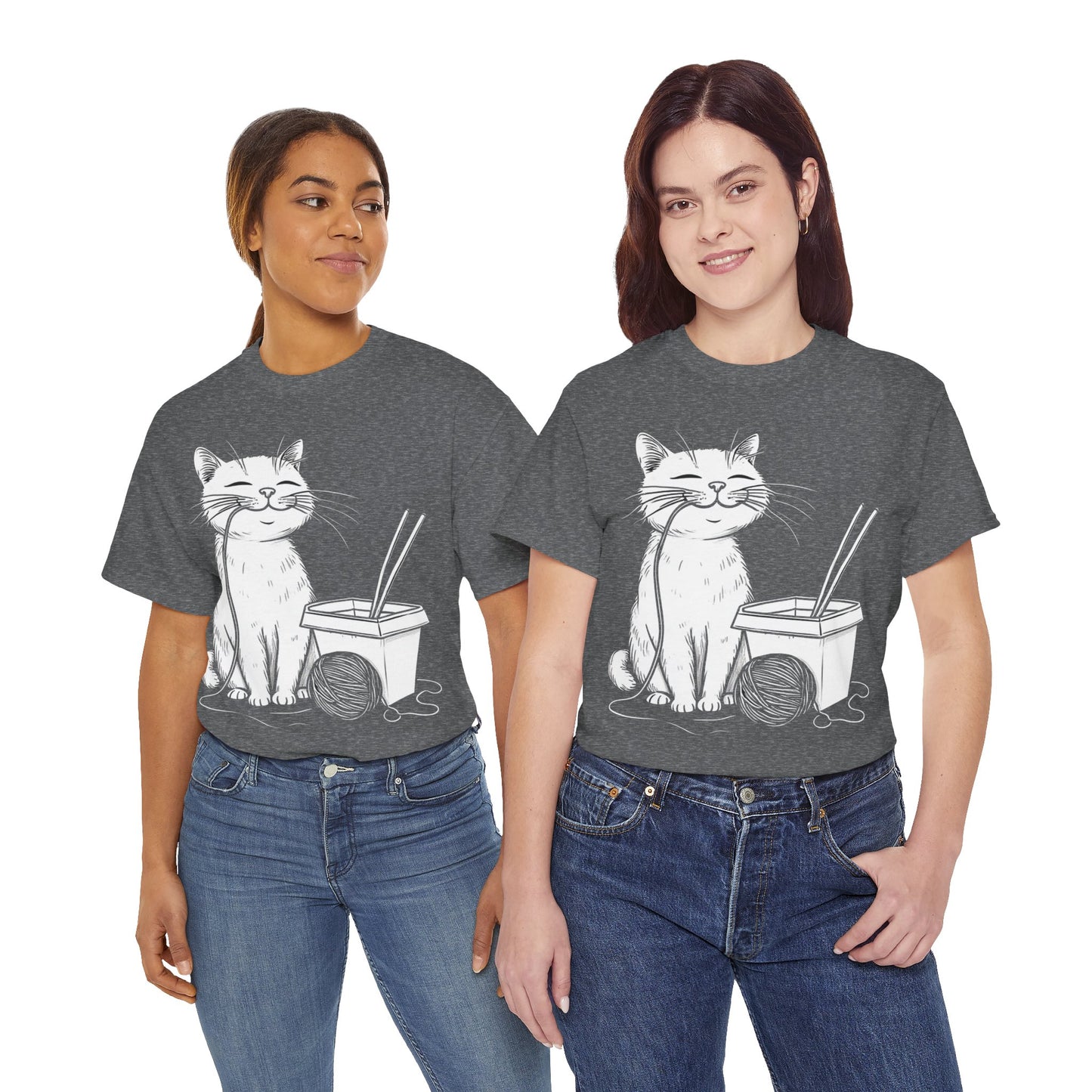 Happy Cat w/Noodles + Yarn Ball Art Drawing Tee Shirt *Multiple Colors*